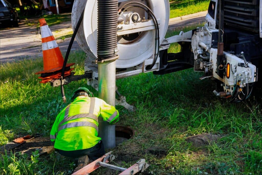 Worker performing sewer pipe inspection.