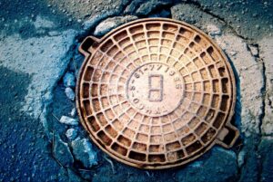 Artistic manhole cover design on a city street.