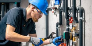 Professional plumber installing pipes with tools in a modern setting.