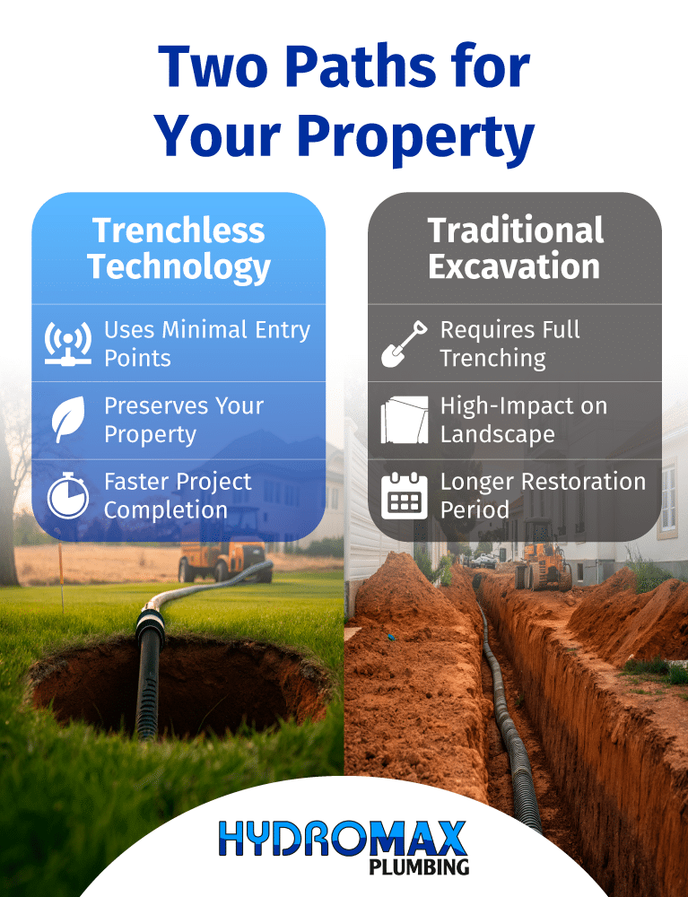 Compare trenchless and traditional excavation methods for efficient property repair solutions.