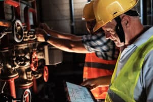 Maintenance workers inspect industrial equipment and systems for optimal performance and safety.