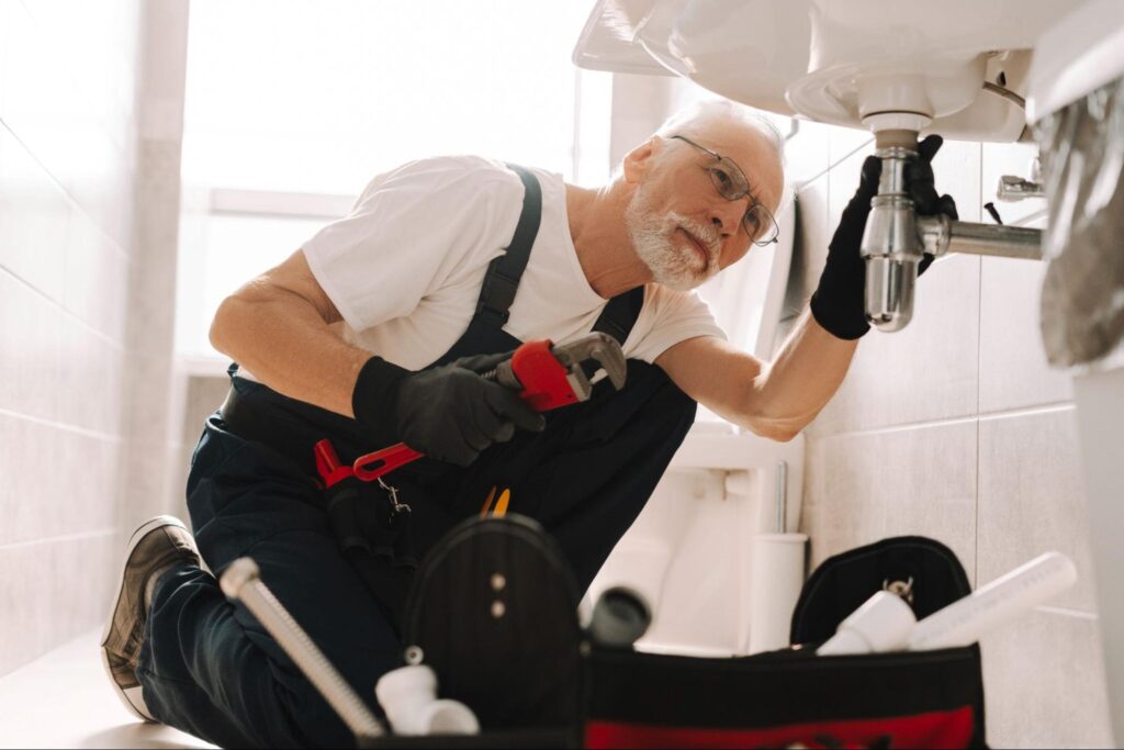 Experienced plumber fixing a sink under the bathroom with professional tools.