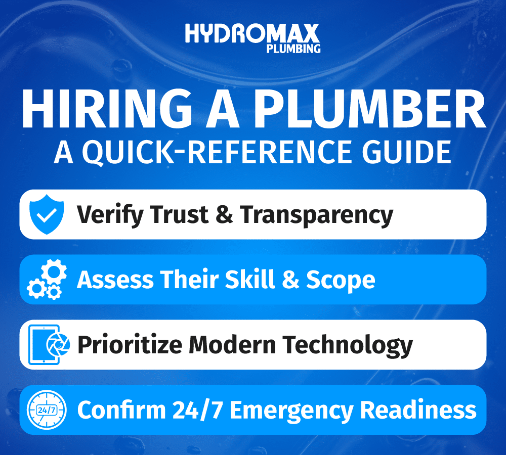 Quick reference guide for hiring a plumber: trust, skills, technology, and emergency readiness.
