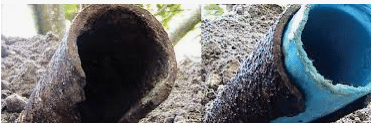 Comparison of damaged metal and blue plastic pipes showing wear and corrosion.