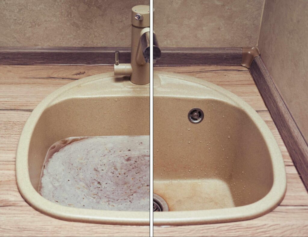 Transformed kitchen sink: before and after unclogging for a fresh look.
