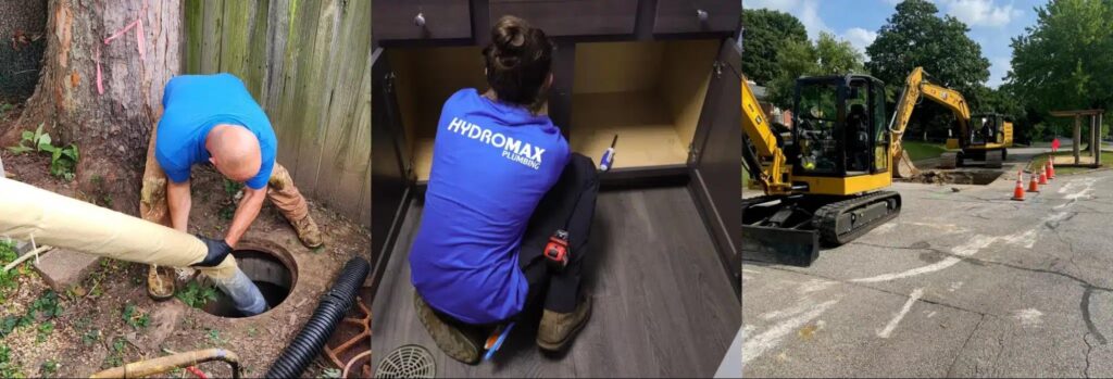 Drainage professionals performing inspection and maintenance work on systems outdoors.