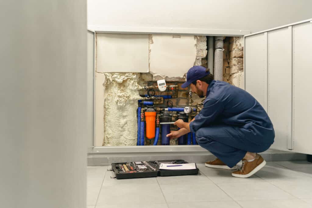 Skilled plumber servicing home water system with tools for reliable repairs.